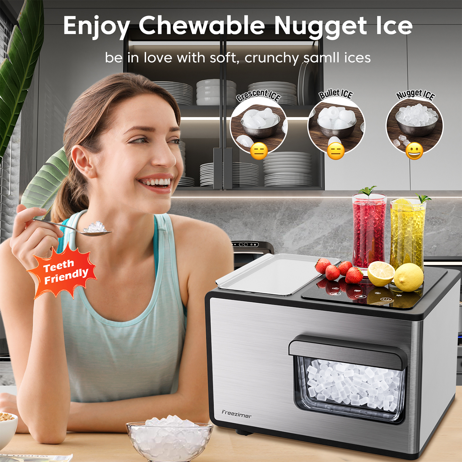 Freezimer Countertop Nugget Ice Maker Machine, 40lbs/24h with Chewable  Sonic Ice Self-Cleaning, Silver 